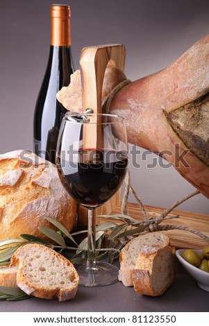scenic rural, bread, wine and serrano ham