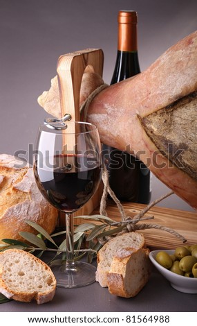 scenic rustic, serrano ham, wine and bread
