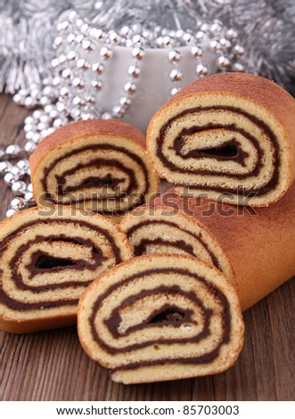 chocolate swiss roll and decoration