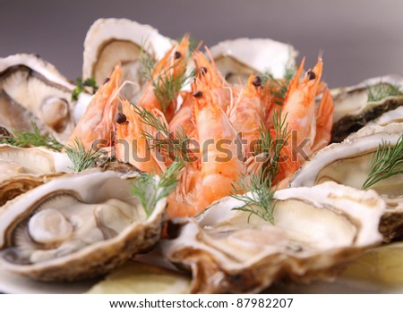 plate of seafood, shrimp and oyster