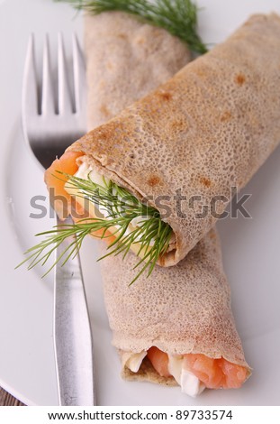 buckwheat crepe with salmon,cheese and dill