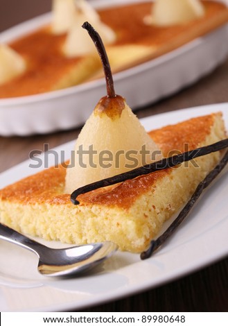 slice of pear cake and vanilla