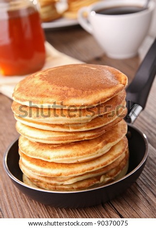 breakfast, pancakes,honey and coffee