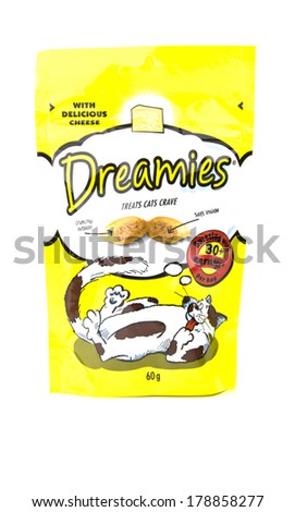 GLOUCESTER, UK - FEBRUARY 24, 2014: Dreamies Cat Treats, Cheese Flavour