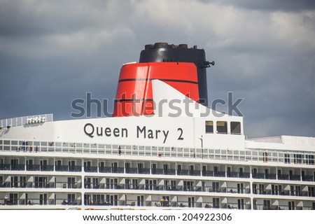 SOUTHAMPTON - JULY 13 2014: Queen Mary 2 cruise ship detail. Queen Mary 2 is one of the flagships of Cunard