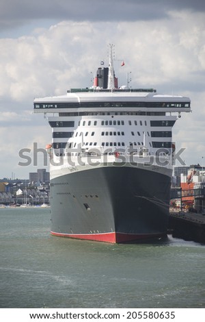 SOUTHAMPTON - JULY 13 2014: Queen Mary 2 cruise ship detail. Queen Mary 2 is Cunards flagship ready for Transatlantic Crossing from Southampton