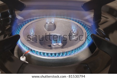 single gas hob in closeup burning blue flames