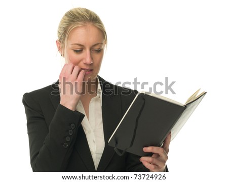 Pensive young businesswoman biting her nails isolated over white