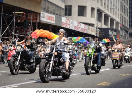 NEW YORK - JUNE 27:  The Dykes on Bikes group leads the parade at the annual New York Pride March, one of the largest LGBT events in the world on June 27, 2010 in New York.