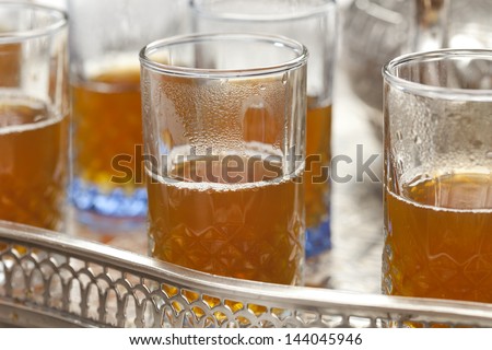 Traditional Moroccan tea  in glasses on a tray