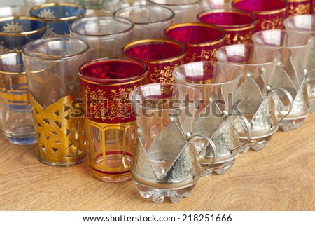 Colorful Moroccan tea glasses on the market