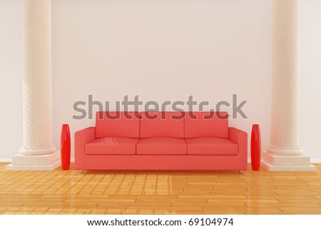 Three dimensional rendering red sofa with two column