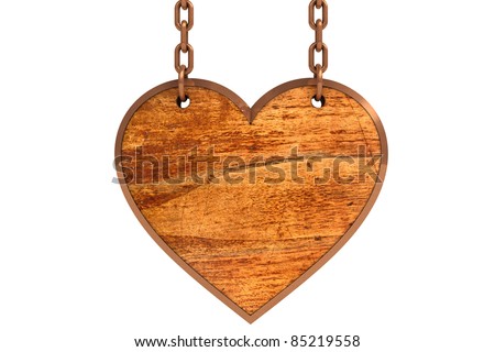 Old wooden heart sign hanging on white background