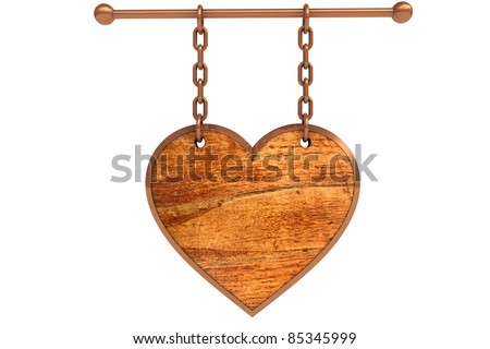 Wooden heart sign shape hanging on white background