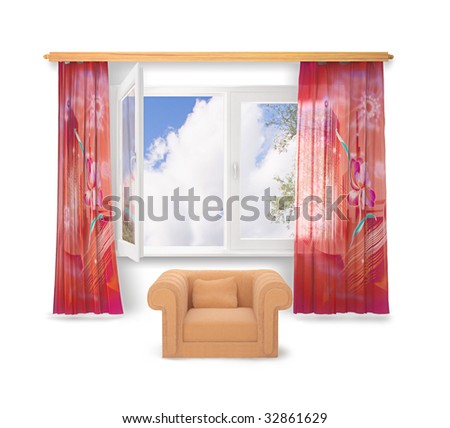 Open window; armchair and curtains on white background
