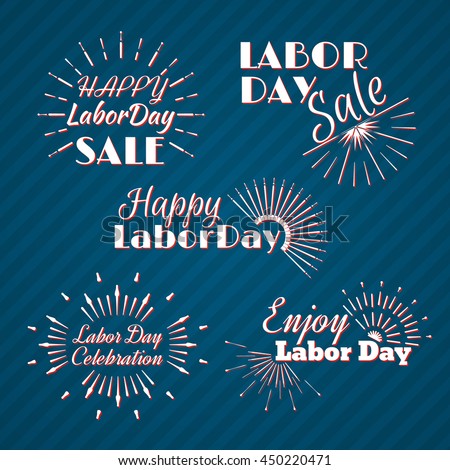 White and red Sun Burst. Set of Labor Day a national holiday of the United States. American Labor Day Celebration. Retro typographic logos. Vector illustration.