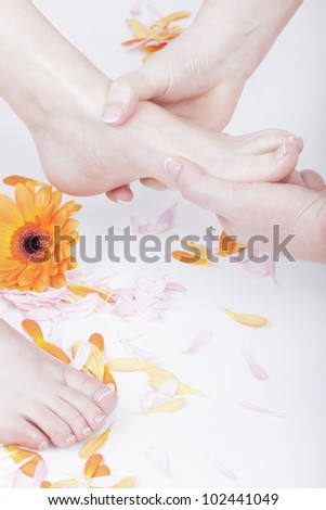 studio shot of a podiatrist ( chiropodist ) at work, massaging womans foot.