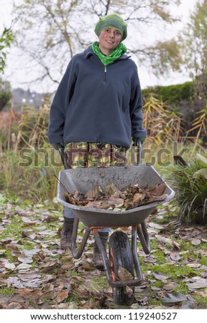 woman working in autumn garden . cleaning the garden from foliage, autumn leaves.