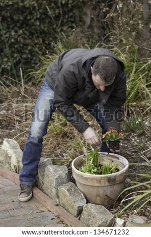 spring garden work.    young man doing garden work.