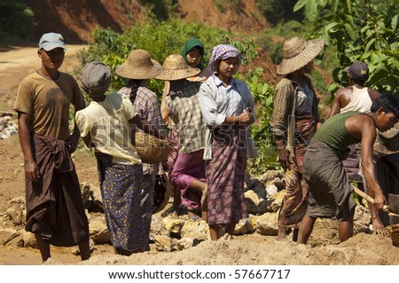 MANDALAY, BURMA- OCT 23: Migrant laborer build a road to China  OCT 23, 2006 in Mandalay District, Burma.