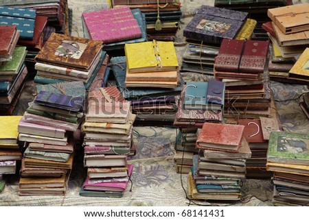 various handmade books at the market in Mumbai, India.