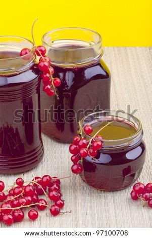 studio-shot of homemade redcurrant jelly in a glass jar, with a yellow background