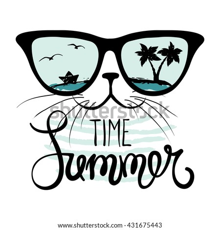 Cat in sunglasses/Funny summer hand drawing calligraphy, vector illustration