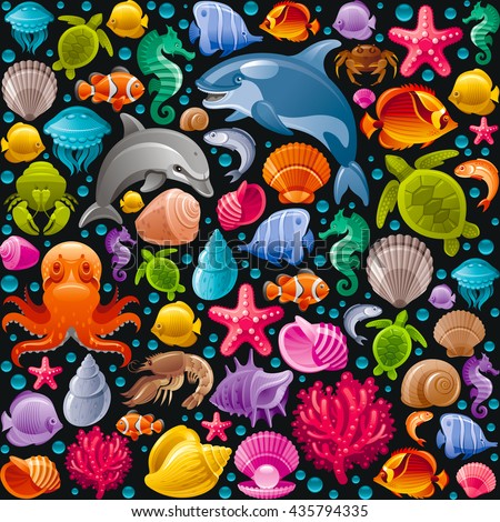 Sea travel seamless background with underwater diving animals. Dolphin, killer whale, starfish, coral, pearl, butterfly fish, tropical shells, sea horse, octopus, sea turtle and more marine icons