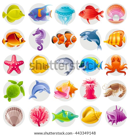 Cute cartoon icon set with underwater animals. Sea horse, fishes, turtle, pearl scallop, dolphin, whale, octopus, starfish, shell. Vector illustrations for beach tourism, summer travel, diving club
