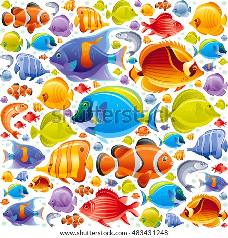 Seamless Sea travel icon set, underwater diving animal - tropical fish. Vector illustration abstract template. Elegant modern style, white background. Angel, butterfly and more marine fishes icons