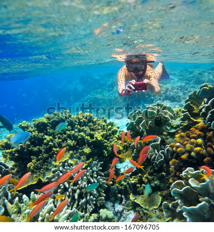 Young Female Snorkler, Takes Pictures Of The Underwater World.