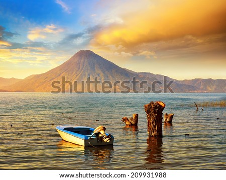 Beatiful sunset at the lake Atitlan near the volcano.  Guatemala