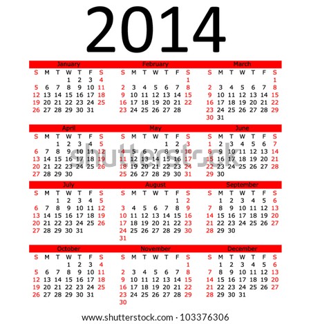 Simple 2014 Calendar with Red Bar (EPS 10) - stock vector