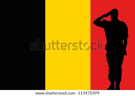 The Belgium flag and the silhouette of a soldier saluting - stock vector