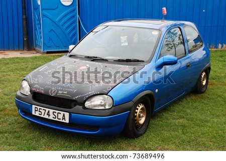 stock photo PETERBOROUGH ENGLAND MAY 24 Blue Vauxhall Corsa B on May
