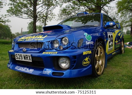 stock photo WAKEFIELD ENGLAND MAY 10 Blue Subaru Impreza Rally on 