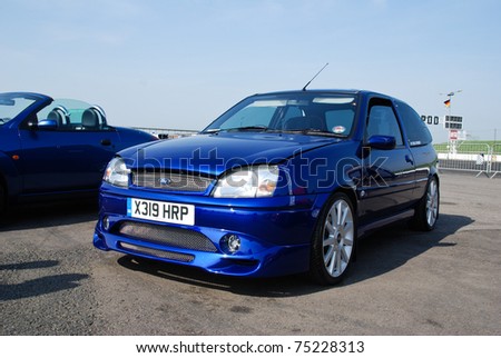 stock photo NORTHANTS ENGLAND MAY 11 Blue Ford Fiesta on Display at