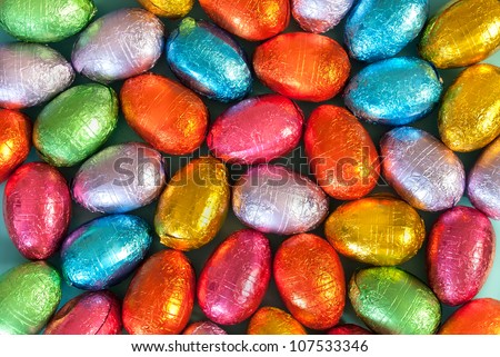 Close-up of pile of colorful chocolate Easter Eggs.