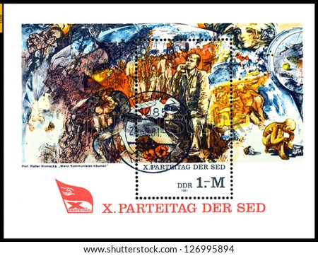 GERMANY - CIRCA 1981: stamp printed by Germany, shows shows painting  When Communists Dream by  Walter Womacka, 10th Communist Party Congress ( Paintings), circa 1981.