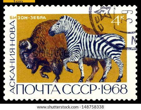 RUSSIA - CIRCA 1968: a stamp printed by Russia shows  Bison and Zebra, animals, game reserve Askania Nova,  circa 1968