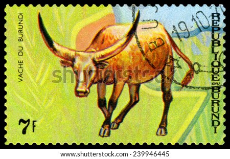 BURUNDI - CIRCA 1970 : A stamp printed by Burundi shows Animals Burundi, Vache du  Burundi, map Burundi, circa 1970.