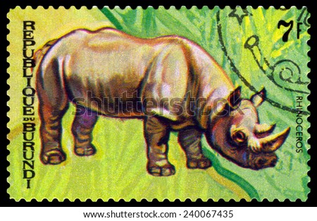BURUNDI - CIRCA 1970 : A stamp printed by Burundi shows Animals Burundi, Rhinoseros, map Burundi, circa 1970.
