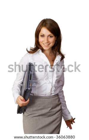 The young woman with the laptop after successfully carried out transaction