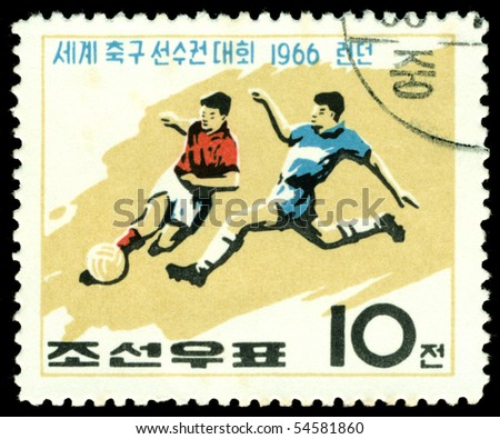NORTH KOREA - CIRCA 1966: a stamp printed by North Korea shows football  players. World  football cup in England, circa 1966