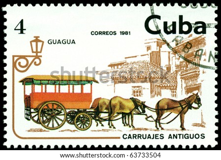 CUBA - CIRCA 1981: a stamp printed in Cuba shows old mounted crew Bus. Full series, circa 1981