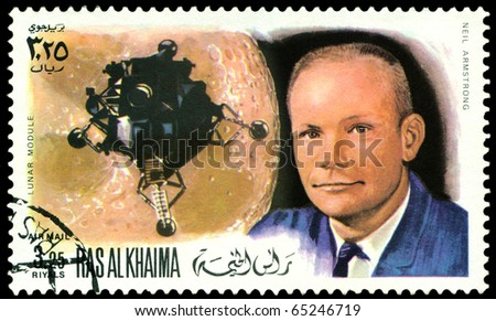RAS AL KHAIMA - CIRCA 1969:  a stamp printed by  RAS AL KHAIMA  shows  Neil Armstrong - first man on the Moon, circa 1969.