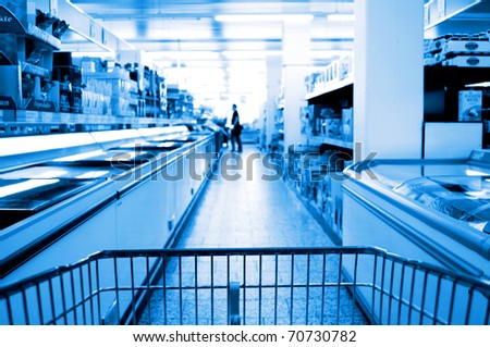 cooling shelves in a supermarket  blue light
