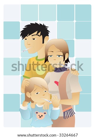 A whole sick family mother father and child holding thermometers in the bathroom