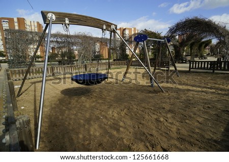 Children playground in park Moret, Huelva, one of the largest urban parks in Andalusia is a treasure of 72.5 hectares forming the green lung of the city of Huelva, Spain