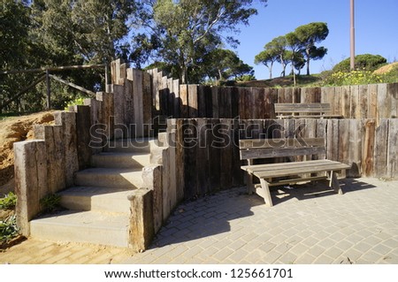The bench in Moret park of Huelva is the largest urban park in Andalusia, Spain